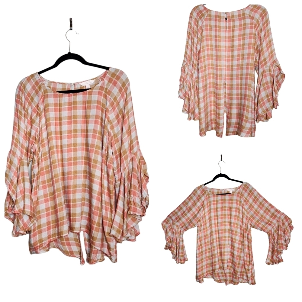 Lauren Conrad Flowy Bellsleeve Plaid Blouse.
